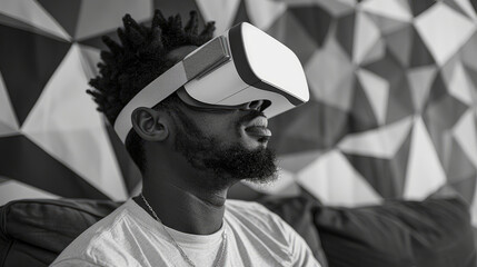 African American Man Experiencing Virtual Reality, Monochrome Imagery