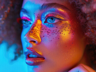 Young woman fashion model, beautiful with bright color glitter colour beauty creative trendy stylish glow makeup. Face and hair makeover. Portrait. Make up artist ads background. Close up.