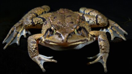 Fototapeta premium A detailed portrait of a brown frog poised against a stark black background accentuates its features