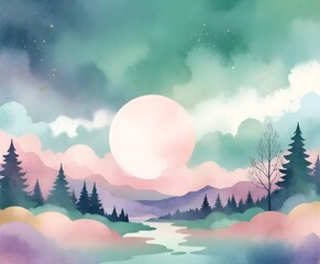 a digital artwork of a full moon rising over a river in the mountains