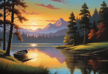 Wooden rowing boat on a calm lake at sunset, beautiful scenery, trees, mountains in the distance.