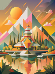 Serene Geometric Landscape with Reflective Lake and Pagoda