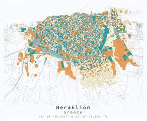 Heraklion,Greece,City centre, Urban detail Streets Roads color Map  ,vector element template image