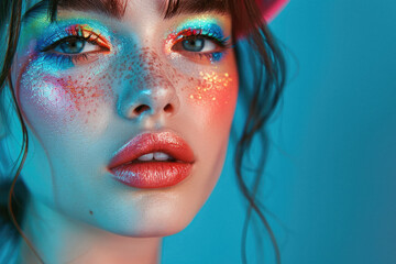 Obraz premium Young woman fashion model, beautiful with bright color glitter colour beauty creative trendy stylish glow makeup. Face and hair makeover. Portrait. Make up artist ads background. Close up.