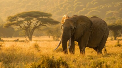 African elephant captured walking through the golden sunlight, its silhouette beautiful against the backdrop of Acacia trees