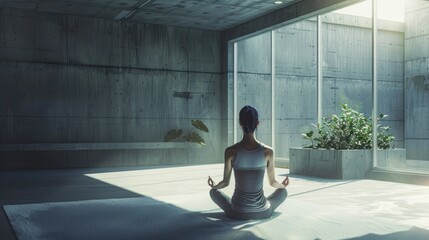 Young woman is meditating in stylish minimalistic environment. Luxury interior. The concept of health care, yoga and relaxation. Ai-generated.
