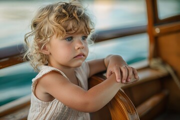 A little girl holds the arm rest of a chair in a boat really tightly.