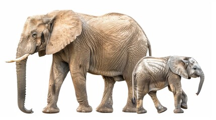 Fototapeta premium Two African elephants, adult and calf, stride side by side showcasing their familial bond on a white backdrop