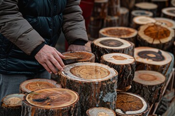 Artisan selecting wood, Hands adjust tree slices on display, wood grains and bark details create a rustic feel.