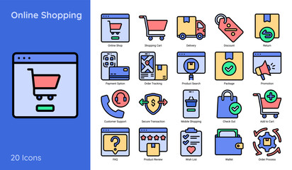 Online shopping icons set. Web icon related to e-commerce, shopping vector symbol. Line color online shopping icons.