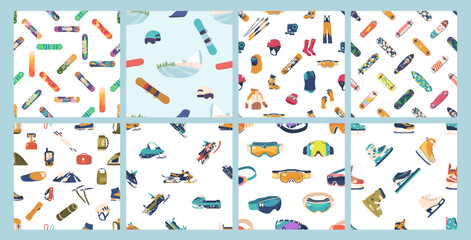 Collection Of Various Winter Sports And Outdoor Activity Equipment Patterns, Featuring Items Like Skateboards, Skis