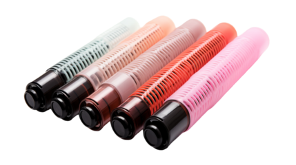 Four vibrant plastic tubes of different colors arranged in a harmonious way on transparent background