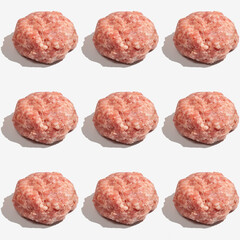 Seamless pattern with ground beef cutlets for barbecue on white background.