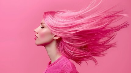   A woman with pink hair flies through the air, her hair streaming behind her against a pink backdrop The wind billows her hair further, creating a vivid contrast