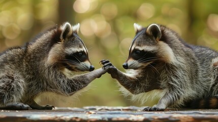 two raccoons having a friendly handshake