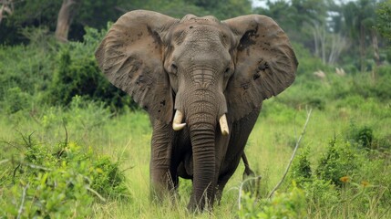 Naklejka premium A serene image capturing a large elephant surrounded by shrubs and bushes, symbolizing the tranquility of nature