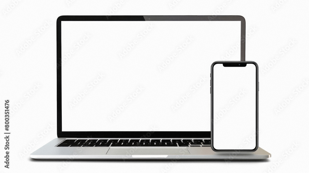 Wall mural laptop computer and mobile phone mock ups isolated on white background. blank white empty mockup scr