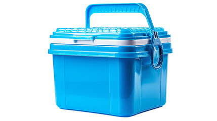 A blue cooler with a sturdy handle stands on a clean white background on transparent background