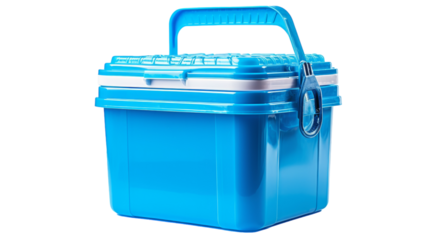 A blue cooler with a sturdy handle stands on a clean white background on transparent background