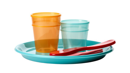 Tray holding two cups and a toothbrush on transparent background