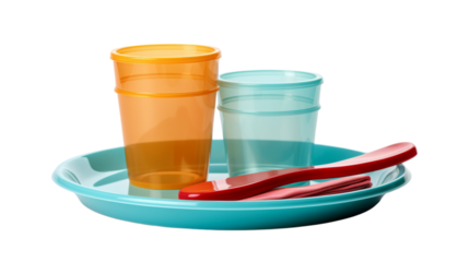 Tray holding two cups and a toothbrush on transparent background