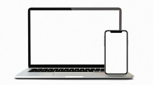 Laptop computer and mobile phone mock ups isolated on white background. Blank white empty mockup screen of computer and smartphone technology digital devices set templates.