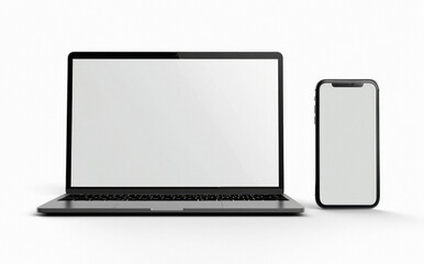 Laptop computer and mobile phone mock ups isolated on white background. Blank white empty mockup screen of computer and smartphone technology digital devices set templates.