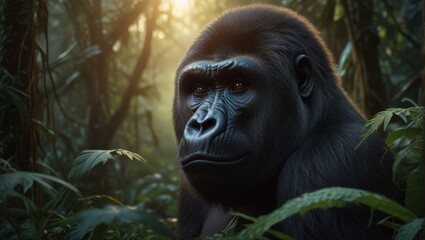 Obraz premium gorilla ,animal, mammal, wildlife, nature, zoo, wild, portrait, endangered, face, congo, black