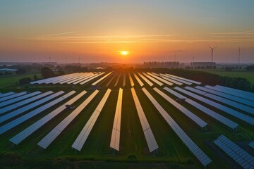 A solar park in the netherlands seen from the sky with the rising sun in the background.