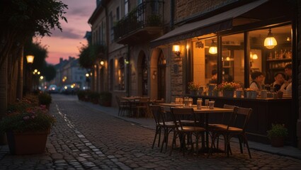 Fototapeta premium street in the night , exterior cafe , table, chair, bistro, restaurant, cafe, , street, bar, patio , terrasse