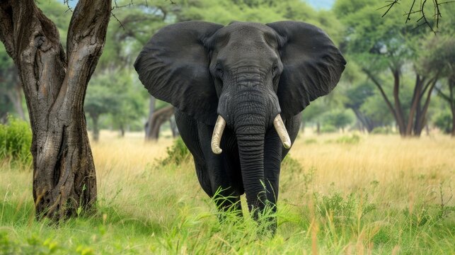 An impressive African elephant stands amidst the trees in a lush, green savannah environment - Powered by Adobe