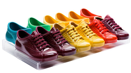 A variety of colorful shoes arranged neatly on a transparent shelf on transparent background