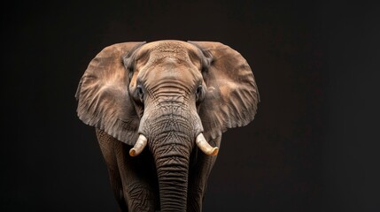 An exquisite close-up portrait capturing the imposing presence and detailed skin texture of an African elephant against a black backdrop