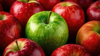 Green apple among red apples on a dark background.