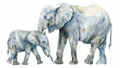 Artistic rendition of a mother elephant and her calf, rendered in soft watercolor strokes, invoking maternal love