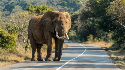 An adult elephant crosses a winding road surrounded by dense greenery, evoking a sense of crossing paths with nature - Powered by Adobe