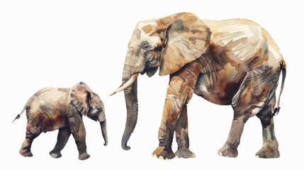 This watercolor painting showcases a mother elephant with her calf, emphasizing the bond between them