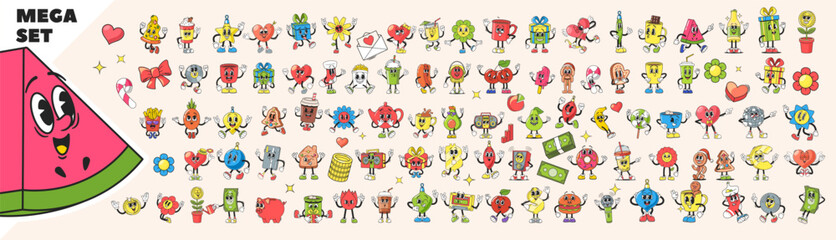 Playful Mega Set Of Anthropomorphic Cartoon Characters And Items, With Expressive Faces And Limbs In Retro Groovy Style