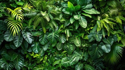 Dense foliage of various tropical indoor plants.