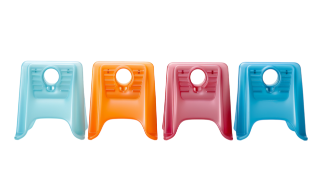 Three colorful plastic stools are lined up neatly next to each other on transparent background