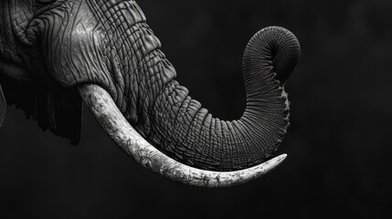 A detailed monochromatic close-up of an elephant's trunk curving around its large ivory tusk, focusing on texture and form