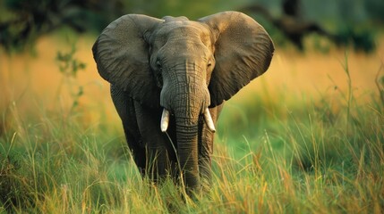 Close-up of an elephant's face as it looks directly at the camera in a lush green environment