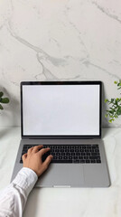 Business person working online or learning using laptop mock up blank white empty screen, hands typing on computer background close up view. Mockup display for ads. Close up view.
