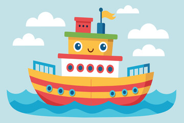 A cartoon boat with a smiling face is sailing in the ocean