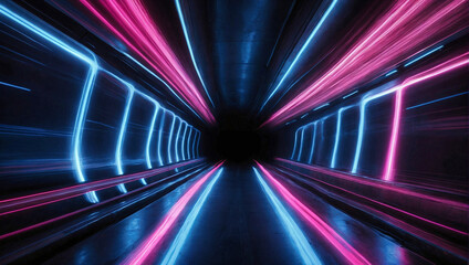 Futuristic neon-lit tunnel with converging lines