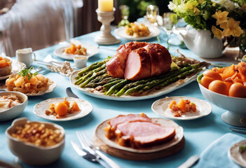 'table nner carrot asparagus cake ham Easter Dinner Holiday Food Setting Spring Decor Salmon Background Nature Wood Green Celebration Cheese Salad ColorfulEaster Dinner Table Ham Holiday Food Setting'