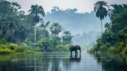 An elephant wanders through a serene landscape with foggy tropical backdrop, showcasing the tranquil beauty of nature
