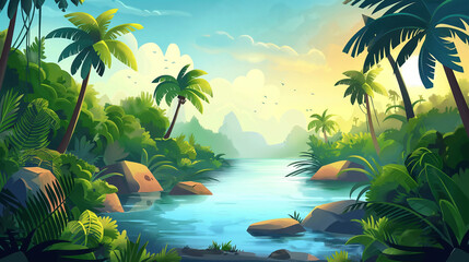 Cartoon tropical jungle forest swamp or lake landscape isolation background, Illustration