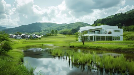 Fototapeta premium Landscape of rice terraces in Hangzhou, China, Generative AI illustrations.
