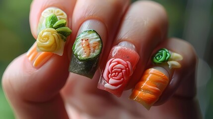 Female hand with multi-colored manicure with flowers on nails,  Generative AI illustrations.